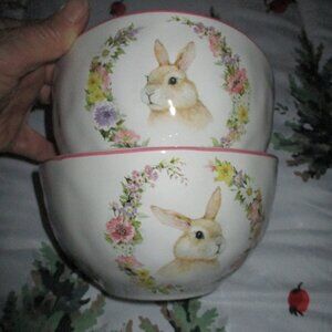 2 Bunny Easter Garden by Susan Winget Soup or Ice Cream Bowl pink rim #1